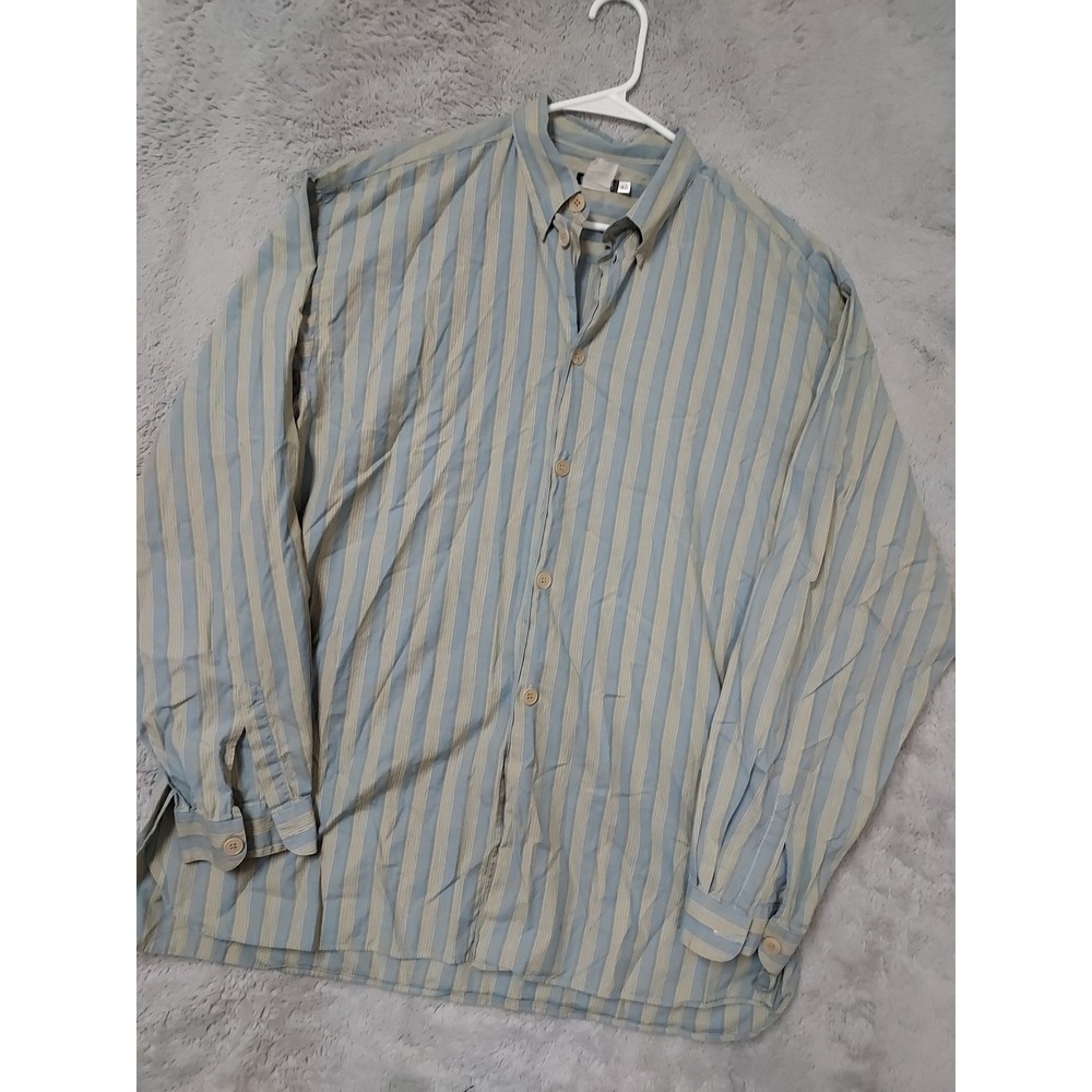 Vintage  Giorgio Armani Shirt Mens 16.5 42 Striped Button Up Blue Tan Split Hem